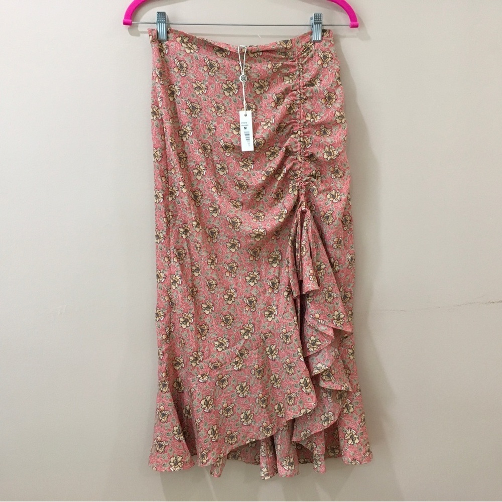 Max Studio Ruffle Midi Skirt Pink Floral Ruched Front Boho High Low Womens M